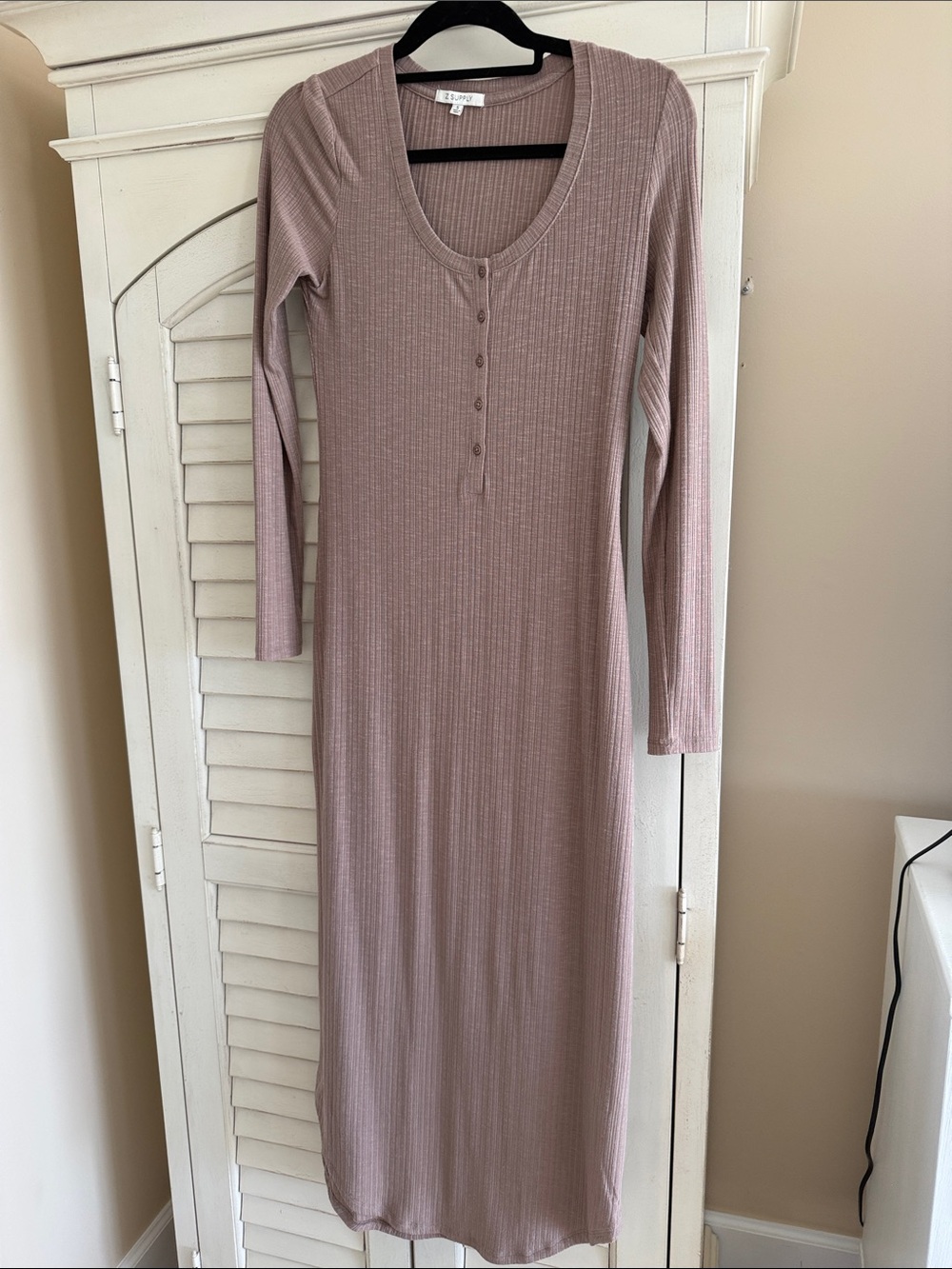 Z Supply Taupe Ribbed Henley Long Sleeve Midi Dress